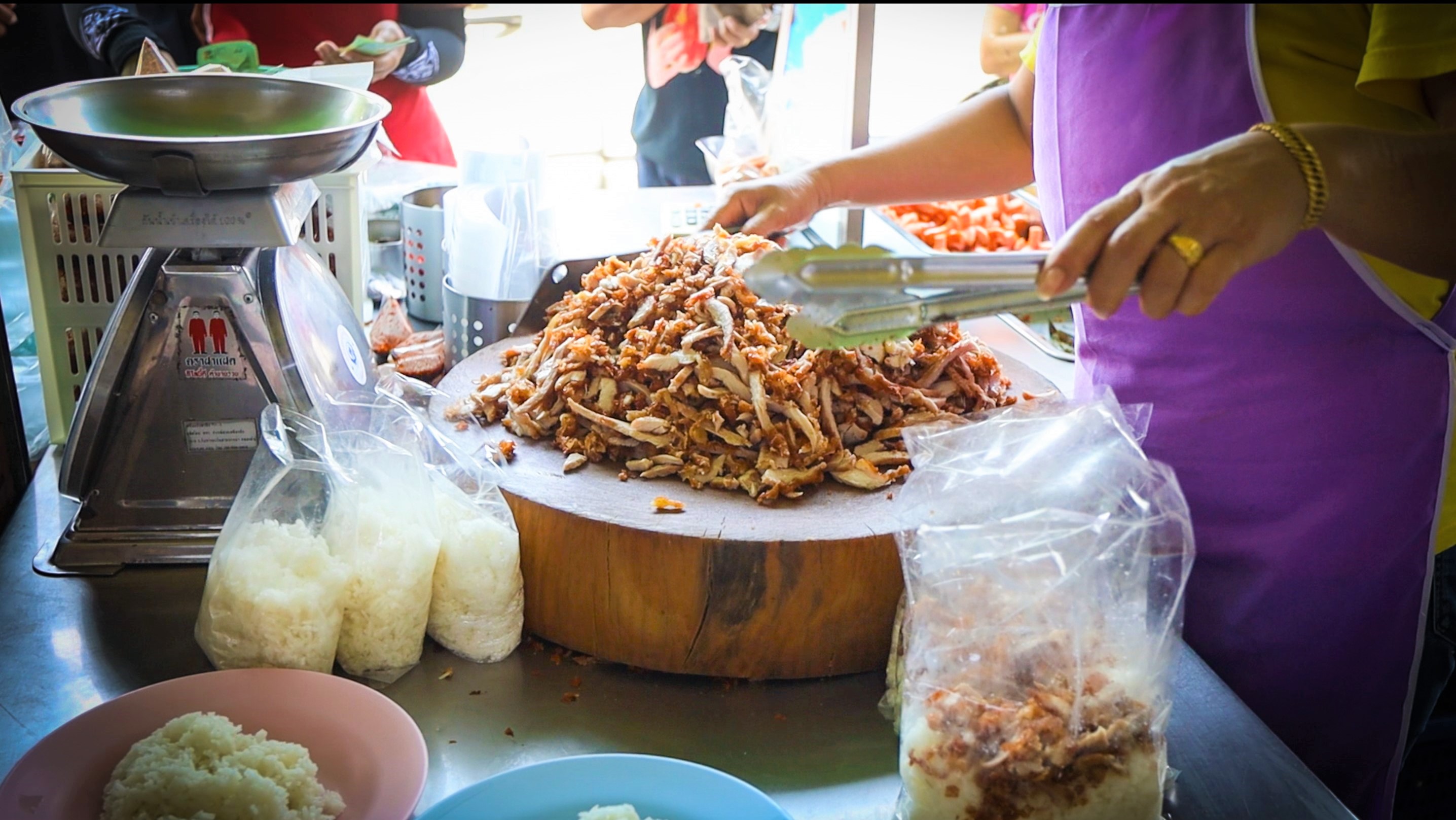 A Mountain Of Sliced Fried Pork On Chopping Board Moo Tod Jeh Jong