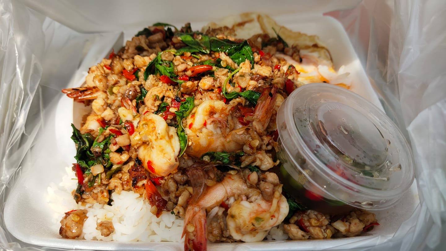 This Stall In Bangkok Sells Thai Basil Rice Loaded With Shrimps